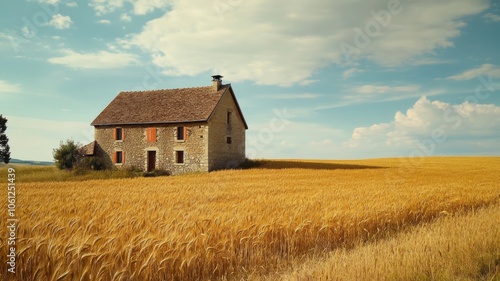 Stone Farmhouse in a Field of Golden Wheat Under a Blue Sky with White Clouds