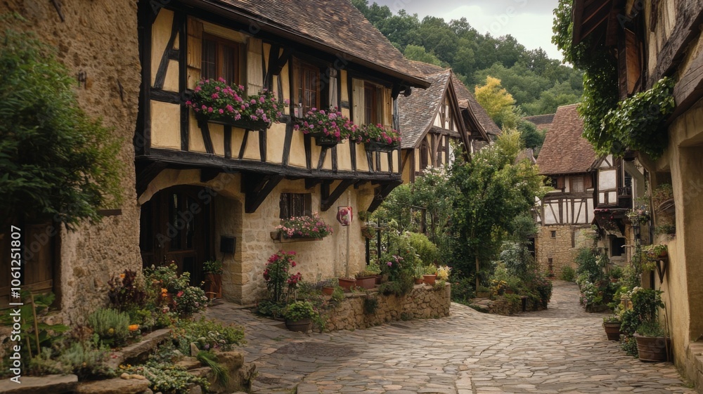 Cobblestone Street Leading Through a Quaint European Village Cobblestone Street Leading Through a Quaint European Village
