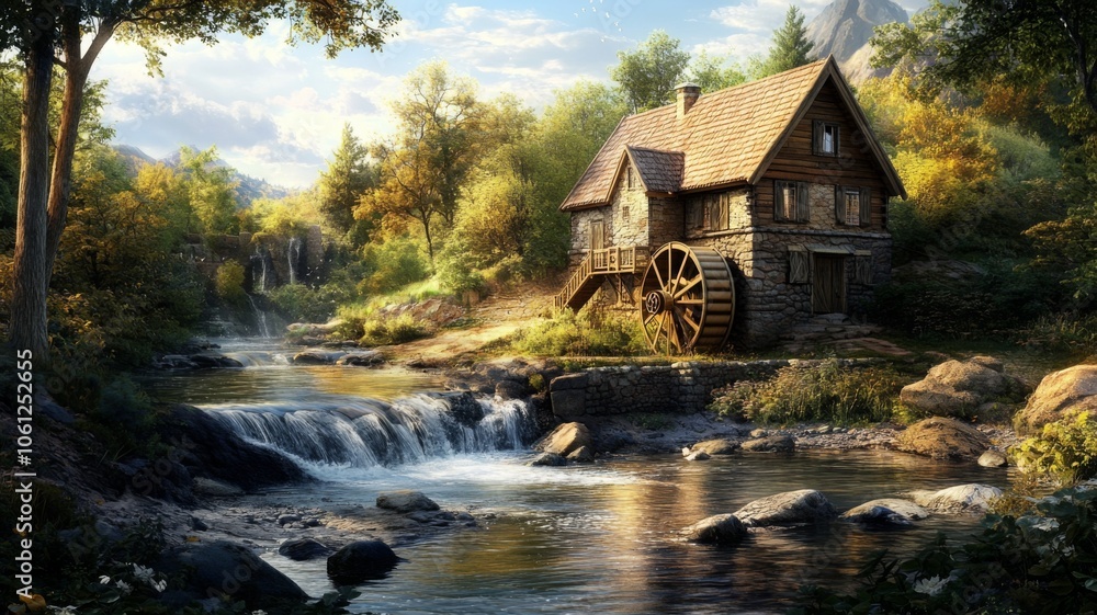 Stone Mill House with a Waterfall and River Stone Mill House with a Waterfall and River