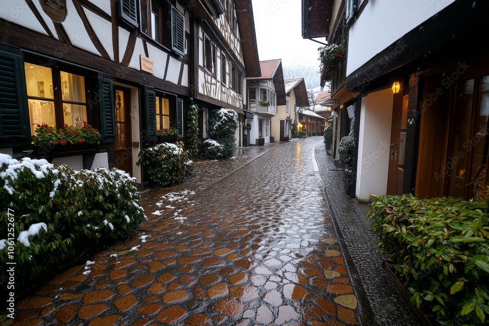 Snowfall on a street lined with historic buildings, capturing the timeless, serene beauty of winter in an old town, symbolizing history and warmth Snowfall on a street lined with historic buildings, capturing the timeless, serene beauty of winter in an old town, symbolizing history and warmth