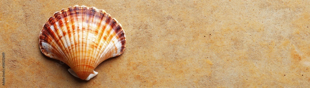 Single Scallop Shell on Beige Textured Surface Single Scallop Shell on Beige Textured Surface