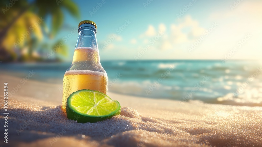Obraz premium Bottle with Lime on Sandy Beach 