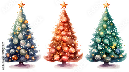 Christmas Tree set. Watercolor painted illustration. Decorated with baubles and lights g