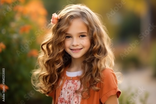 Portrait of a beautiful little girl with long curly hair outdoor.