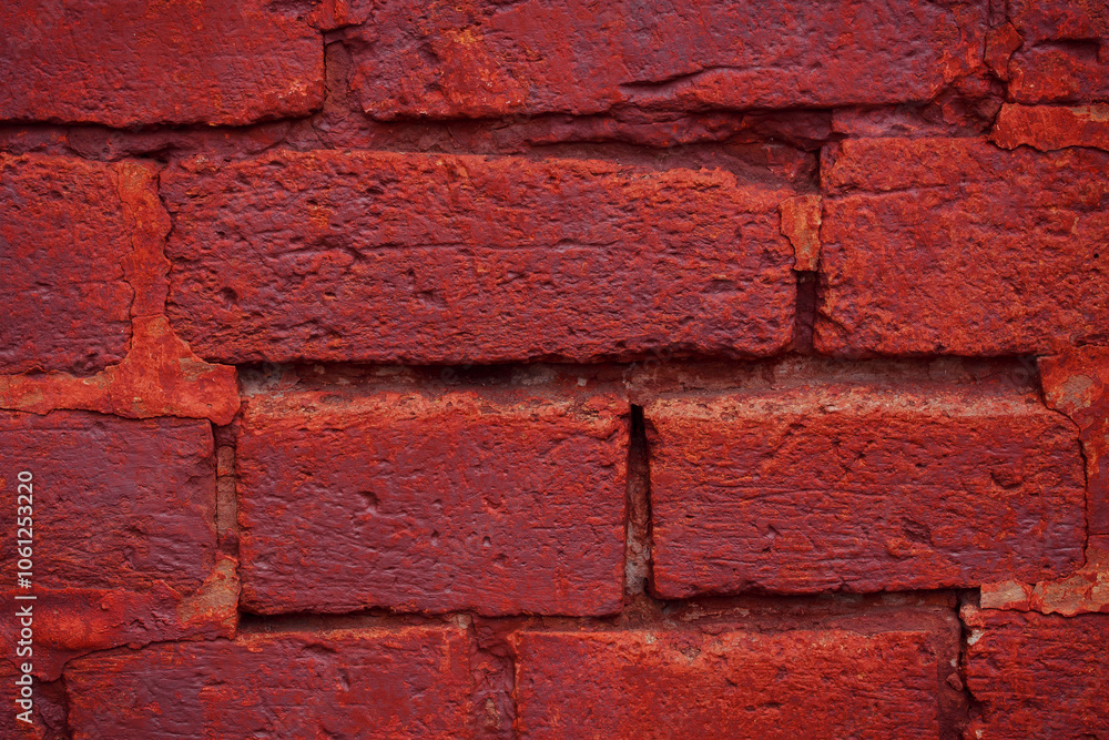 A fragment of a red brick wall with pronounced texture. Natural age defects in the form of cracks and abrasions. Rough surface with traces of dried paint. A fragment of a red brick wall with pronounced texture. Natural age defects in the form of cracks and abrasions. Rough surface with traces of dried paint.
