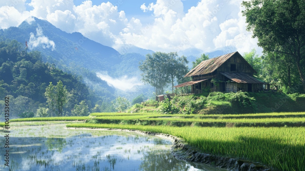Fototapeta premium Rustic Wooden Cabin Nestled in Verdant Rice Paddies with Mountainous Background
