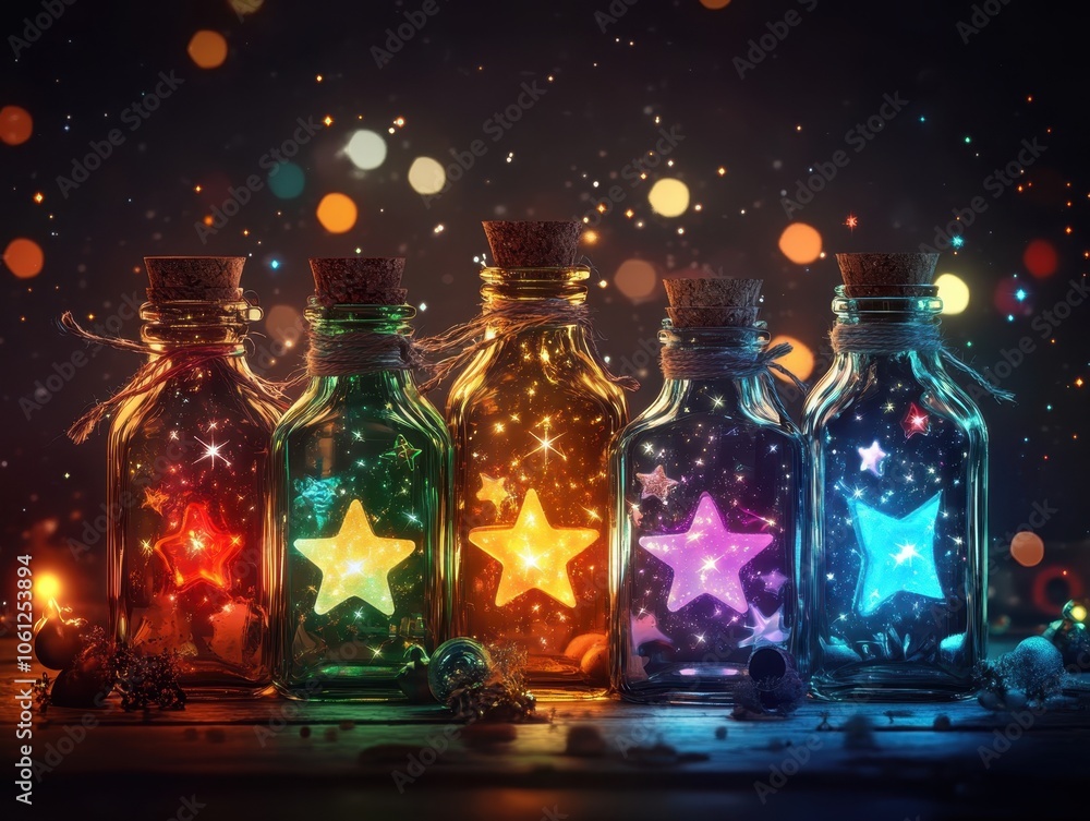 Colorful Star Bottles in Magical Light Colorful Star Bottles in Magical Light