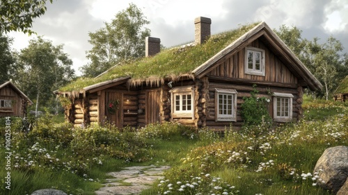 A Rustic Log Cabin with a Grassy Roof and a Stone Path