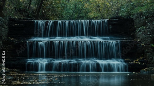 Serene three-tier waterfall cascading over moss-covered stone in a lush forest