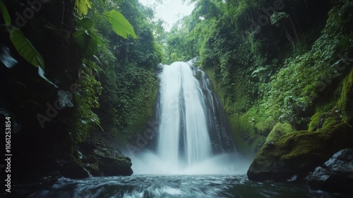 A Serene Waterfall Cascading Through Lush Green Foliage