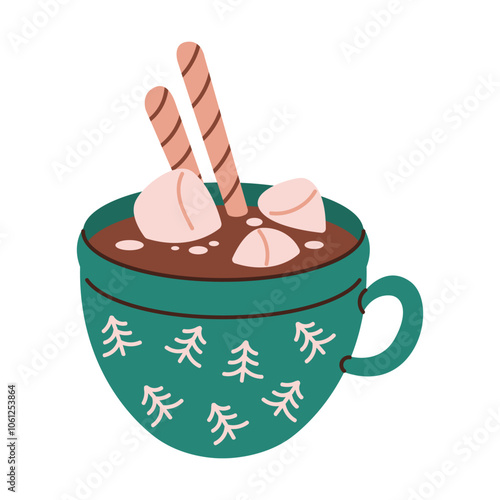 Hot chocolate with marshmallows flat color vector object. Warm festive beverage for Christmas eve illustration on white background