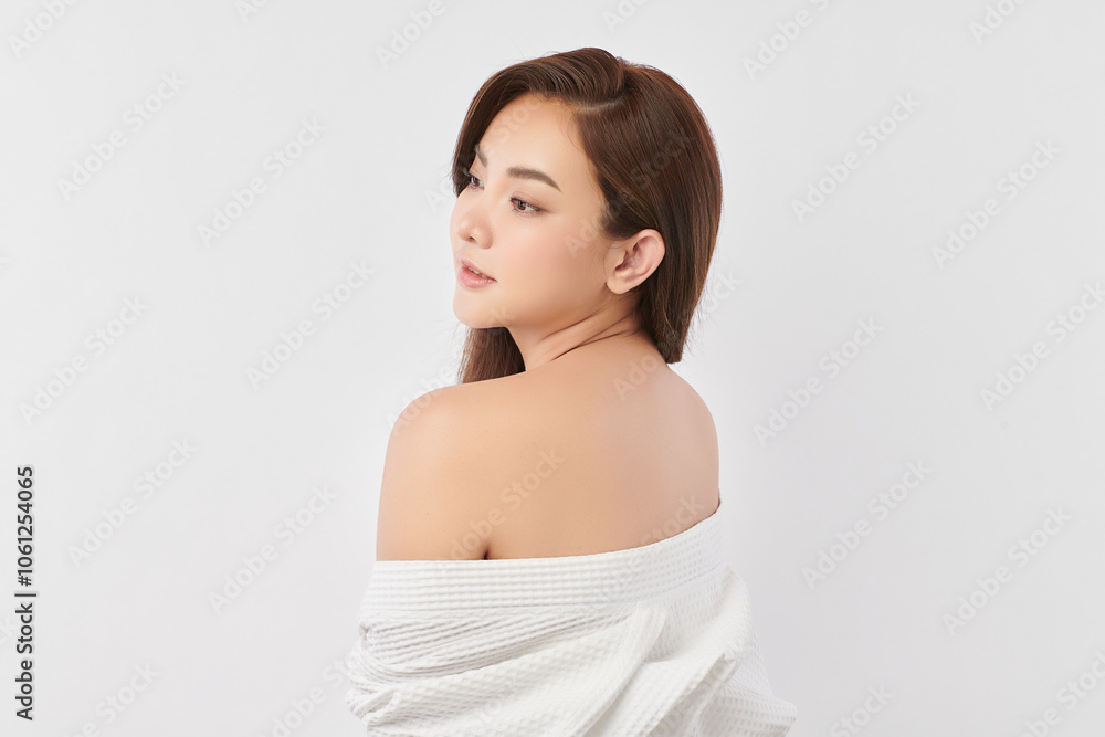 Beautiful young asian woman back view with clean fresh skin on white background, Face care, Facial treatment, Cosmetology, beauty and spa, Asian women portrait. Beautiful young asian woman back view with clean fresh skin on white background, Face care, Facial treatment, Cosmetology, beauty and spa, Asian women portrait.