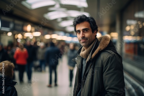 Portrait of a handsome man with long dark hair, wearing a coat, standing in a subway station, looking at the camera.