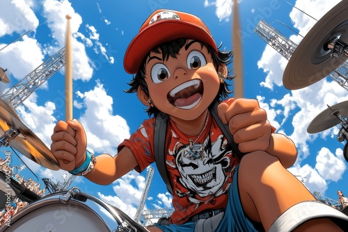 a 2D cartoon illustration of a drummer at a festival stage having fun lively and exciting white background