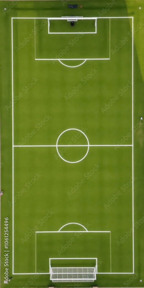 Obraz premium Aerial view of a green turf football field with white line markings and goalposts, pitch