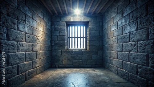 medieval dungeon cell with barred window, high angle view