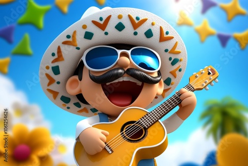 a 2D cartoon illustration of a folk singer with guitar under a bright sky cheerful and free white background