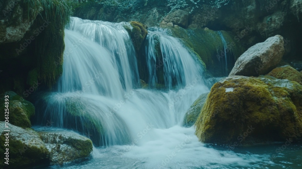 Fototapeta premium Serene Waterfall Cascading Over Moss-Covered Rocks