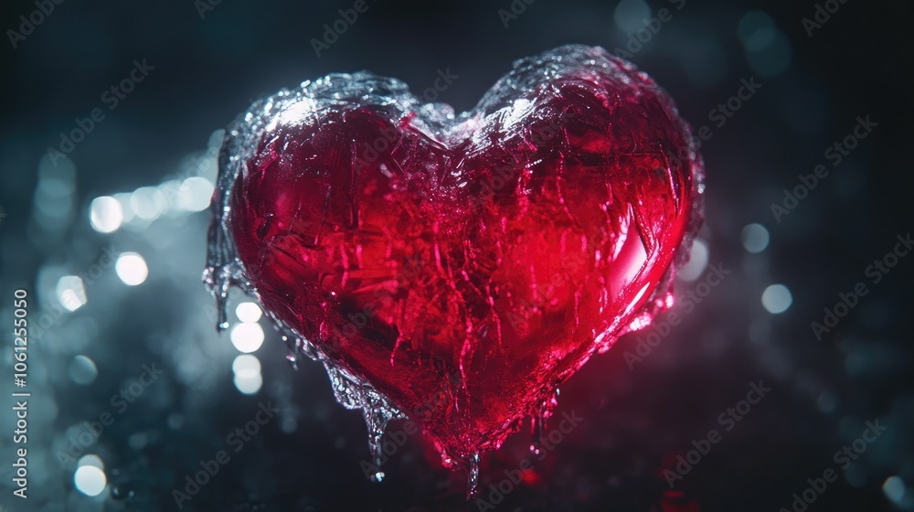 Artistic portrayal of a red heart in ice against a glossy dark backdrop, representing the theme of frozen emotions Artistic portrayal of a red heart in ice against a glossy dark backdrop, representing the theme of frozen emotions