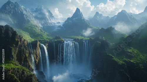 Majestic Waterfall Cascading Down Lush Green Mountain Cliffs