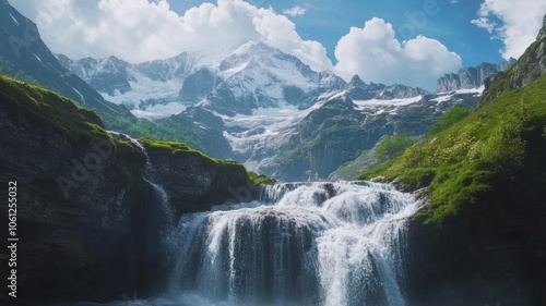 Majestic Waterfall Cascading Down Mountainside in a Dramatic Landscape