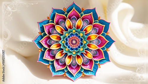 A vibrant mandala design features intricate patterns with a harmonious blend of blues, pinks, and yellows. The background consists of soft, flowing white fabric that highlights the vivid colors