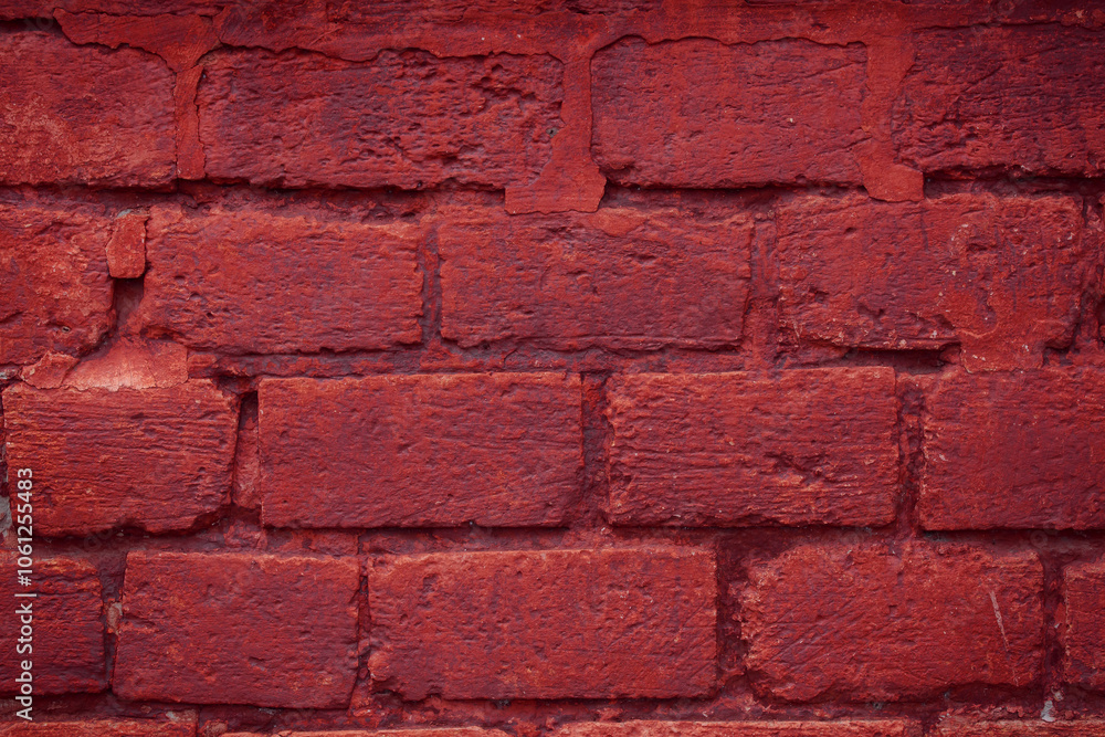 Obraz premium A fragment of a red brick wall with pronounced texture. Natural age defects in the form of cracks and abrasions. Rough surface with traces of dried paint.