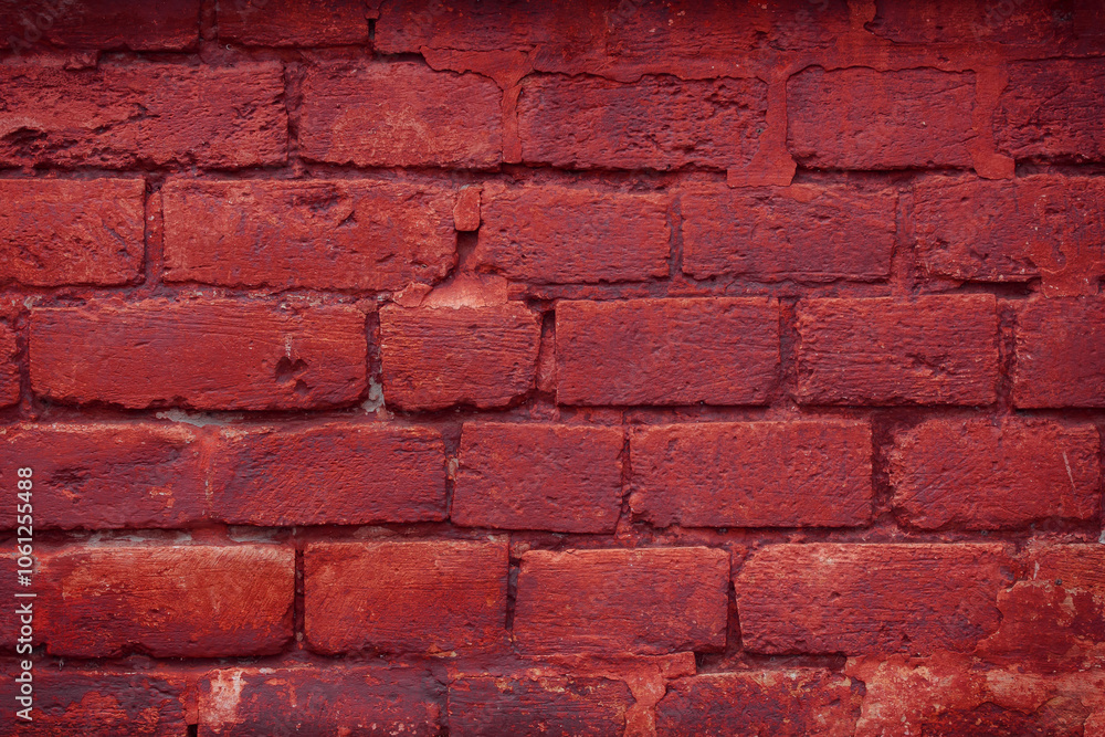 A fragment of a red brick wall with pronounced texture. Natural age defects in the form of cracks and abrasions. Rough surface with traces of dried paint. A fragment of a red brick wall with pronounced texture. Natural age defects in the form of cracks and abrasions. Rough surface with traces of dried paint.