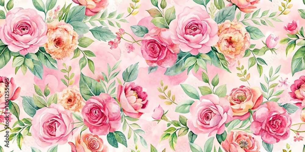 Fototapeta Pink and delicate watercolor floral background seamless pattern aerial view