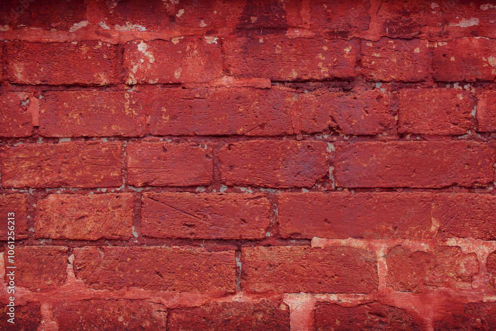 Obraz premium A fragment of a red brick wall with pronounced texture. Natural age defects in the form of cracks and abrasions. Rough surface with traces of dried paint.