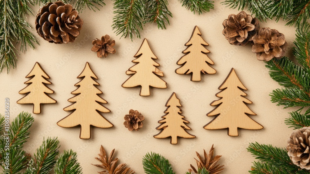 Wooden Christmas Trees and Pine Cones on a Beige Background Wooden Christmas Trees and Pine Cones on a Beige Background