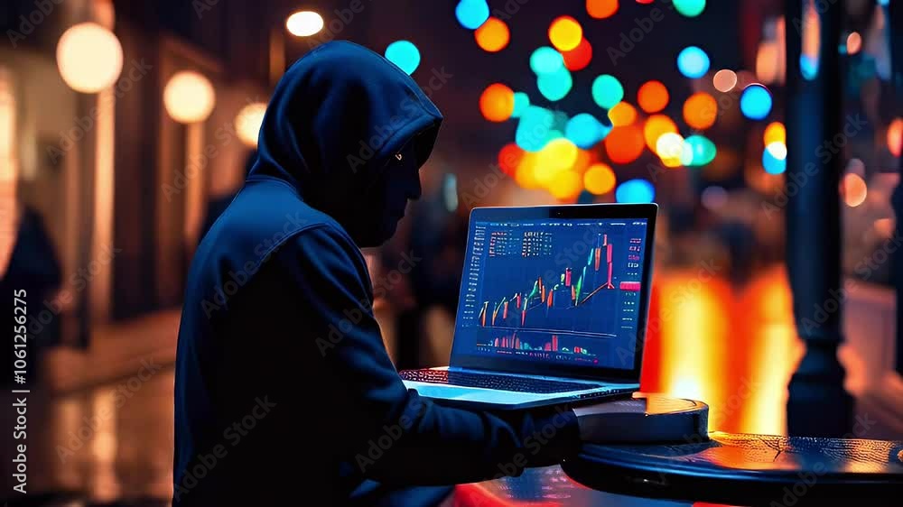 A hooded figure uses a laptop to check stock market data in the city at night. A hooded figure uses a laptop to check stock market data in the city at night.