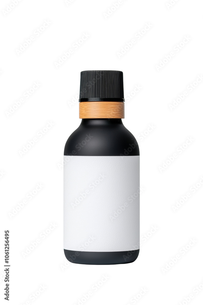Elegant black bottle with bamboo cap and white label Elegant black bottle with bamboo cap and white label