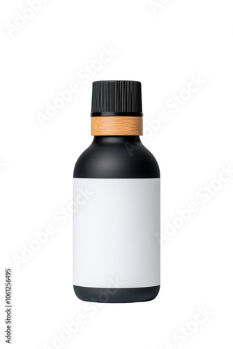 Elegant black bottle with bamboo cap and white label