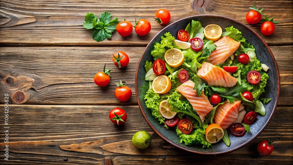 salmon salad with cherry tomatoes on wooden table background panoramic salmon salad with cherry tomatoes on wooden table background panoramic