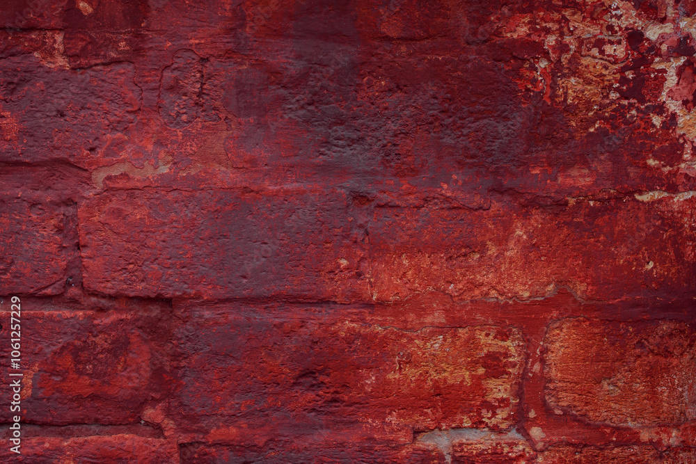 A fragment of a red brick wall with pronounced texture. Natural age defects in the form of cracks and abrasions. Rough surface with traces of dried paint. A fragment of a red brick wall with pronounced texture. Natural age defects in the form of cracks and abrasions. Rough surface with traces of dried paint.