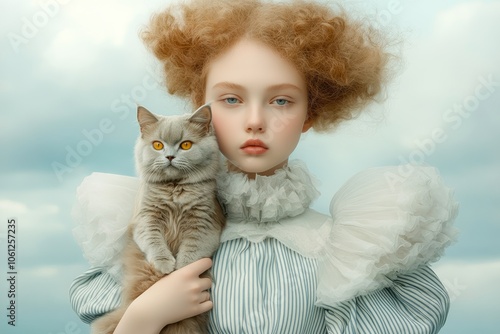 A young girl with striking blue eyes and curly hair holds a fluffy cat against a dreamy sky backdrop, This image is ideal for themes of companionship, childhood innocence, and whimsical fashion, photo