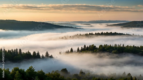 Scenic Misty Forest Landscape at Sunrise with Rolling Hills. Breathtaking view of a misty forest landscape at sunrise, with rolling hills and morning fog creating a serene and peaceful atmosphere.