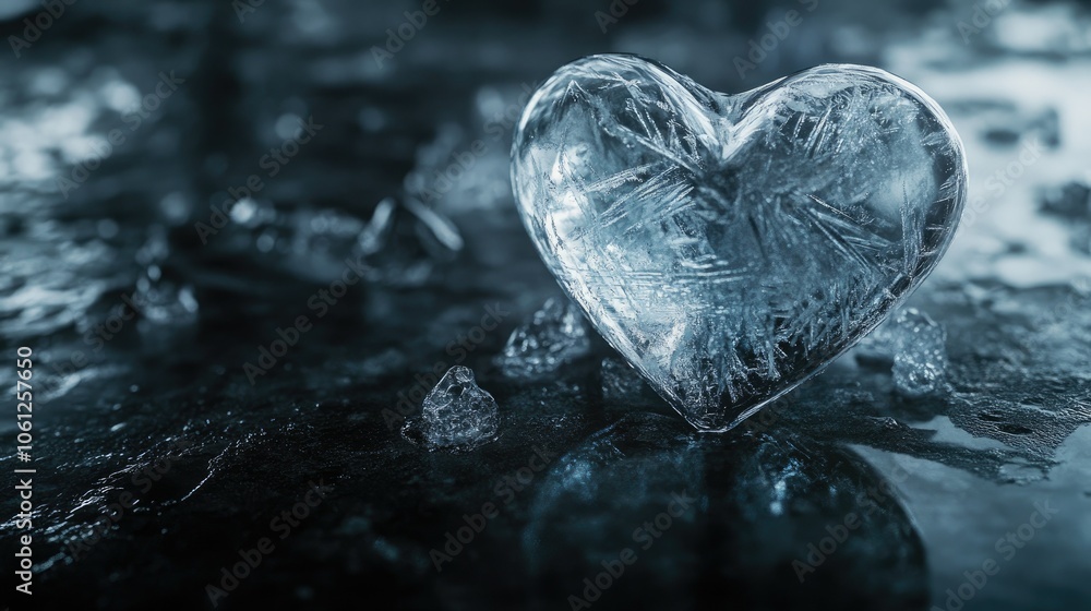 Fototapeta premium Heart frozen in clear ice, placed on a dark reflective surface, capturing the essence of love and emotional fragility