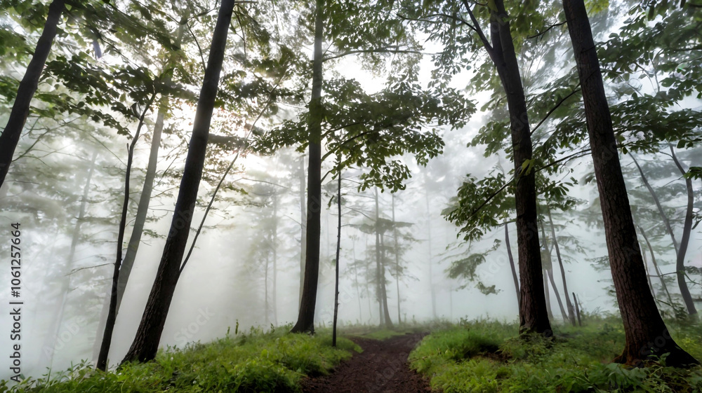 Obraz premium Scenic Misty Forest Landscape at Sunrise with Rolling Hills. Breathtaking view of a misty forest landscape at sunrise, with rolling hills and morning fog creating a serene and peaceful atmosphere.
