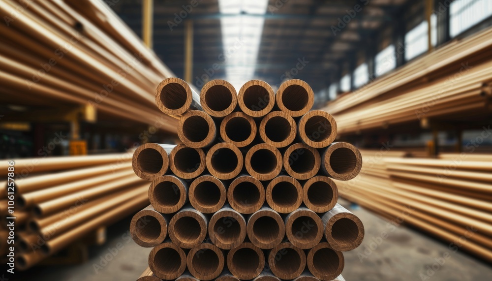 Stack of cylindrical pipes arranged neatly in a warehouse, showcasing their hollow interiors and reflecting an industrial setting. Stack of cylindrical pipes arranged neatly in a warehouse, showcasing their hollow interiors and reflecting an industrial setting.