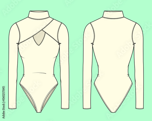 High neck long sleeve one piece swimsuit outline flat sketch template 