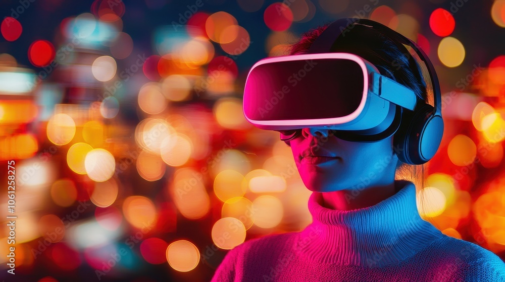 A person wearing a VR headset engages with a vibrant, illuminated background, showcasing the immersive experience of virtual reality. A person wearing a VR headset engages with a vibrant, illuminated background, showcasing the immersive experience of virtual reality.
