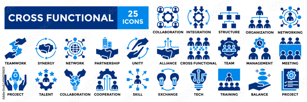 Cross functional icon collection set. Containing teamwork,collaboration,skill,project,management icon. Simple flat vector illustration. Cross functional icon collection set. Containing teamwork,collaboration,skill,project,management icon. Simple flat vector illustration.
