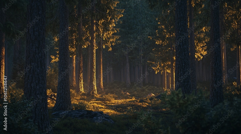 Sunlight illuminates a path through a dense forest. Sunlight illuminates a path through a dense forest.