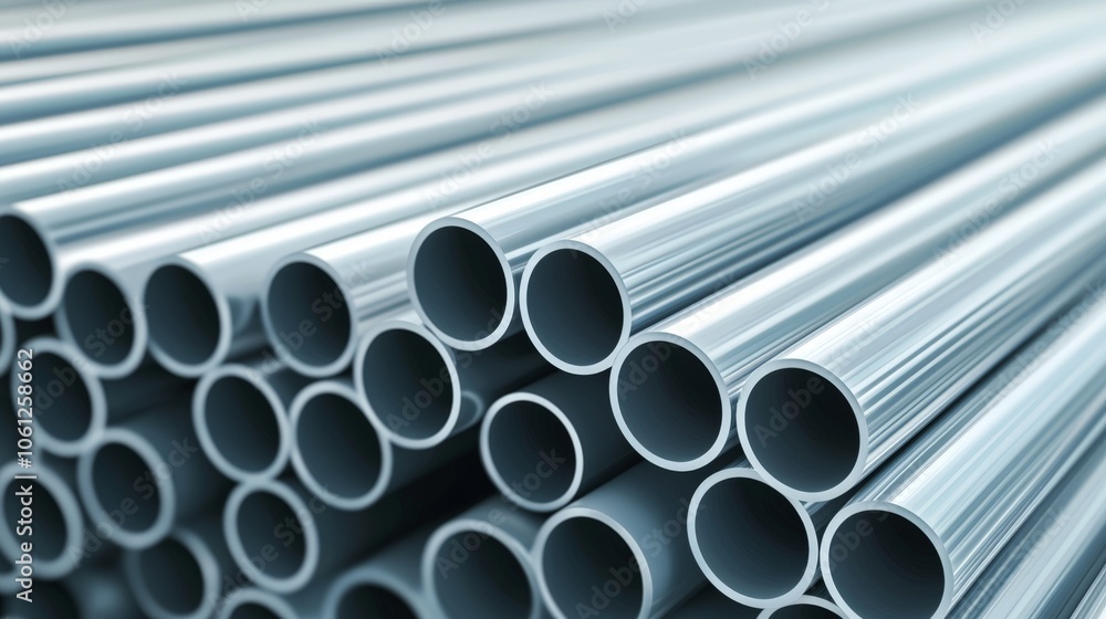 A close-up view of metallic pipes arranged in a clustered pattern, showcasing their smooth, cylindrical design. A close-up view of metallic pipes arranged in a clustered pattern, showcasing their smooth, cylindrical design.
