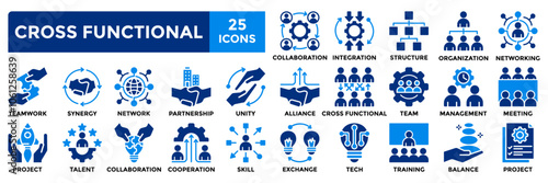 Cross functional icon collection set. Containing teamwork,collaboration,skill,project,management icon. Simple flat vector illustration.
