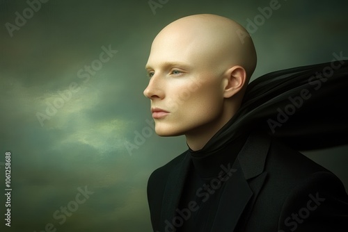 A striking portrait of a bald individual in a sleek black outfit, with fabric flowing dramatically in the wind, This image is ideal for fashion, beauty, or conceptual art projects, photo