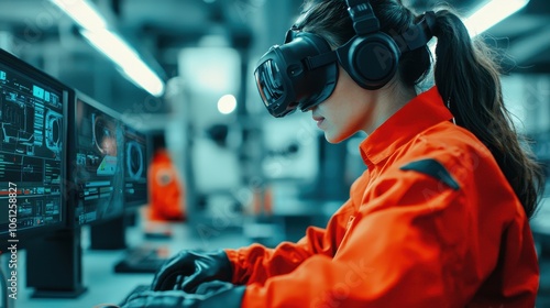 A focused individual in a VR headset works in a tech environment, wearing headphones and an orange jumpsuit, engaged in virtual reality experiences.