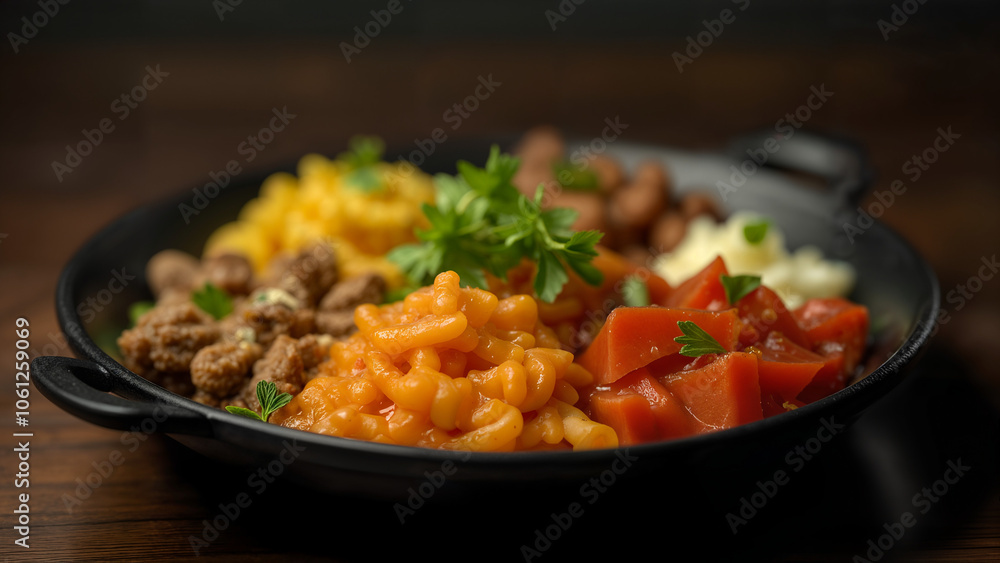 A Vibrant Black Plate Filled With Colorful Dishes As People Compete In A Fun Cooking Game A Vibrant Black Plate Filled With Colorful Dishes As People Compete In A Fun Cooking Game